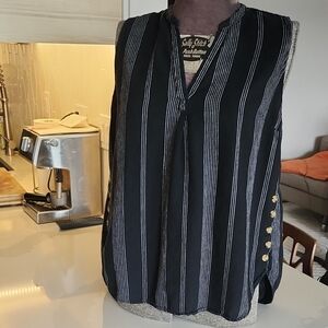 A New Day Linen Blend Black with White Pin Stripes Tank